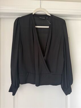 Avenue Black Wrap-Style Long Sleeve Blouse
